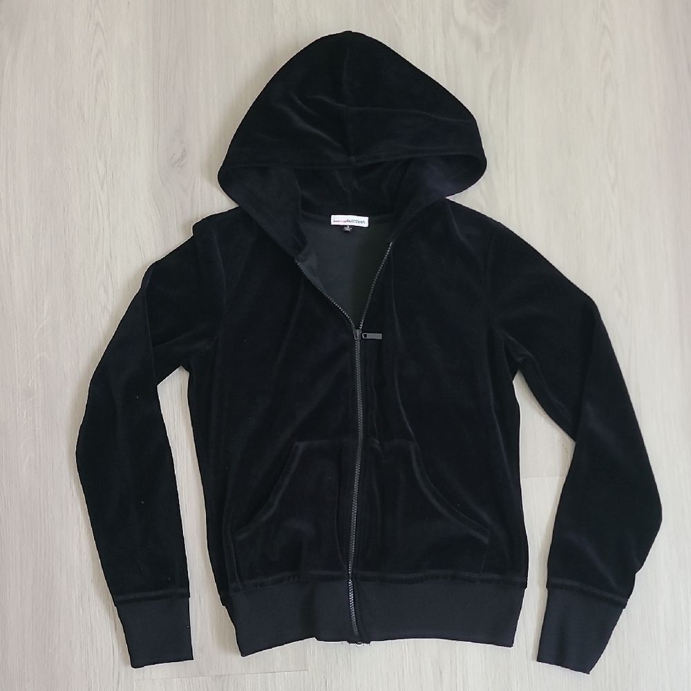 Black Velvet Velour Tracksuit Hooded Jacket Size Large Y2K Hoodie Soft Full Zip